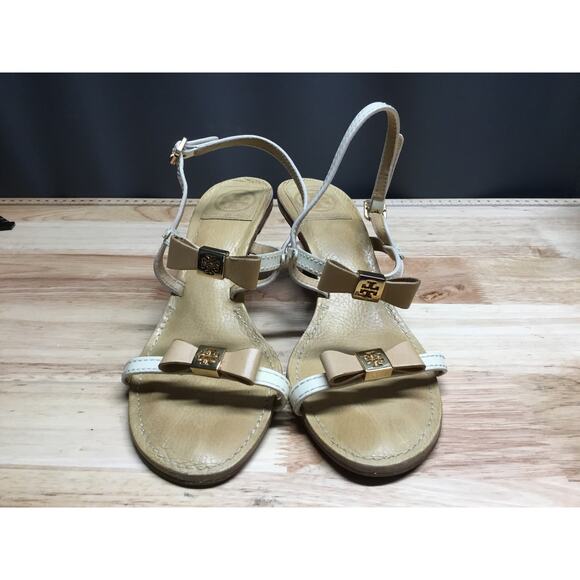 Tory Burch Kailey Bow Kitten Heels Women's 7 Tan Leather Open Toe Slingback - Picture 1 of 6